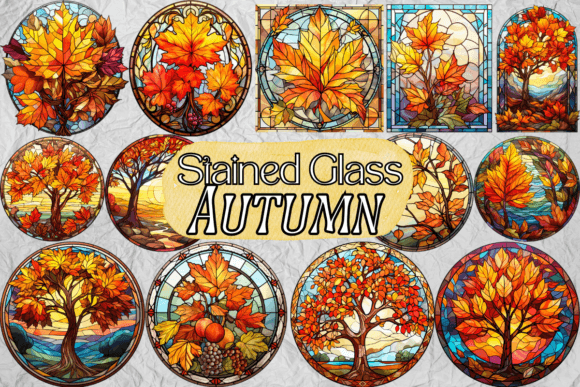 Stained Glass Autumn Clipart Gráfico Ilustrações para Impressão Por Digital Xpress