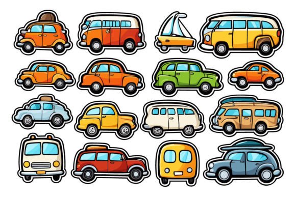 Travel Car Sticker Png, Vintage Car Set Graphic AI Illustrations By Pod Design