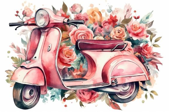 Vespa Style Pink Scooter with Flowers Grafica Illustrazioni Stampabili Di saydurf