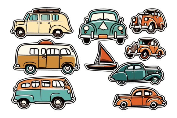 Vintage Car Sticker, Cartoon Stickers Graphic AI Illustrations By Pod Design