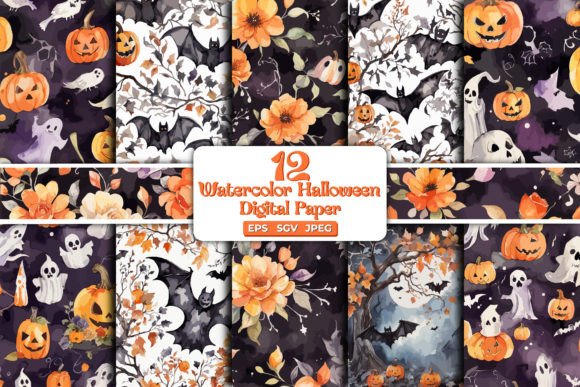 Watercolor Halloween Digital Paper Pack Graphic Print Templates By sagorarts