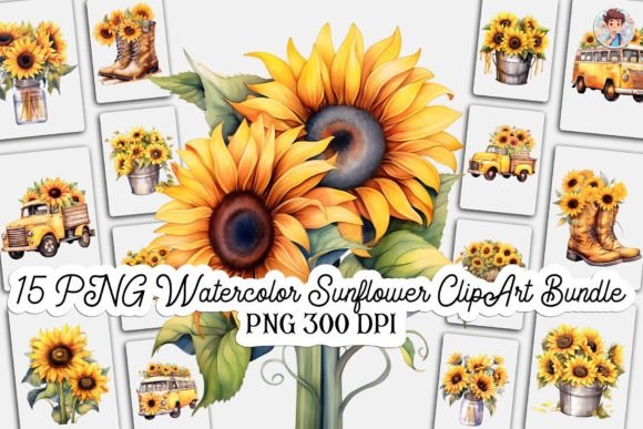 15 Watercolor Sunflower ClipArt Bundle Graphic Print Templates By Lloy Design