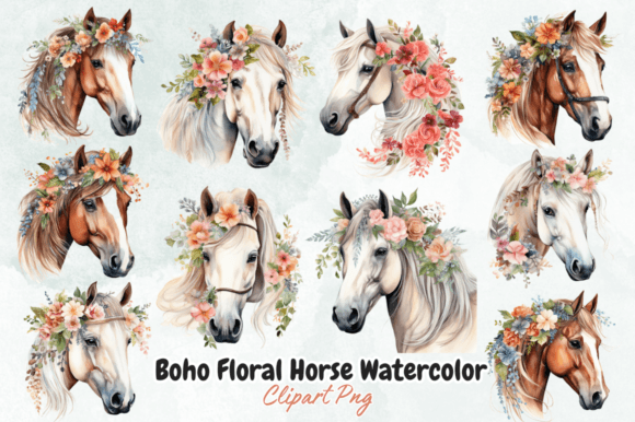 Boho Floral Horse Watercolor Clipart Gráfico Ilustraciones Imprimibles Por Crafticy