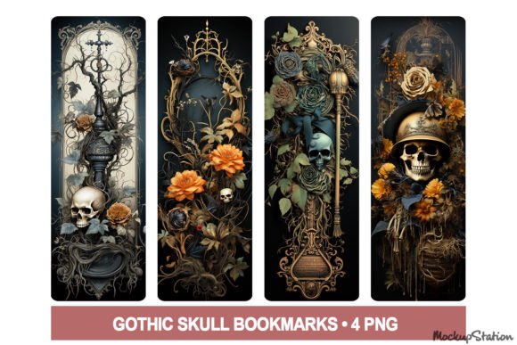 Gothic Skulls Halloween Bookmarks PNG Gráfico Gráficos de IA Por Mockup Station