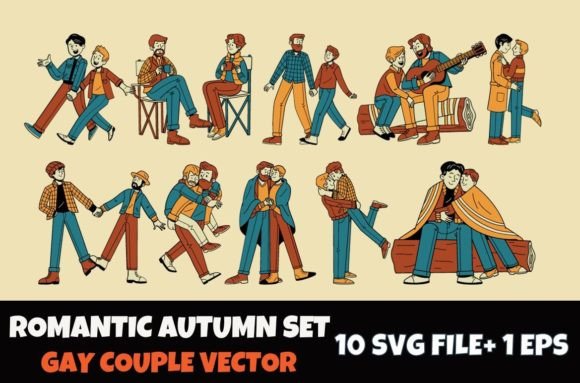Romantic Autumn Gay Couple Cartoon Set Graphic Illustrations By gagestudioofficial