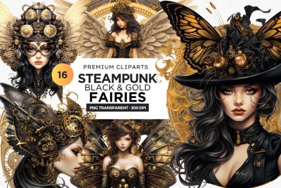 Steampunk Black and Gold Fairy Clipart P Afbeelding Afdrukbare Illustraties Door ThatsDesignStore