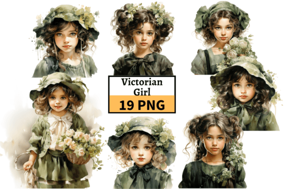 Green Victorian Little Girl Illustration Graphic Illustrations By MashMashStickers