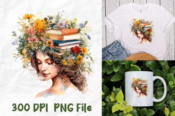 Retro Girl Head Filled with Book Flower Graphic T-shirt Designs By Unlimab