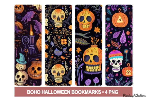 Retro Skulls Halloween Bookmarks PNG Grafik KI Grafiken Von Mockup Station