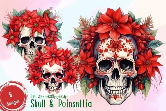 Skull & Poinsettia ClipArt Graphic AI Transparent PNGs By PannArtz Design