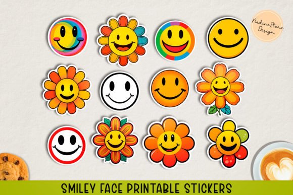 Smiley Face Printable Stickers. PNG, JPG Gráfico Gráficos IA Por NadineStore