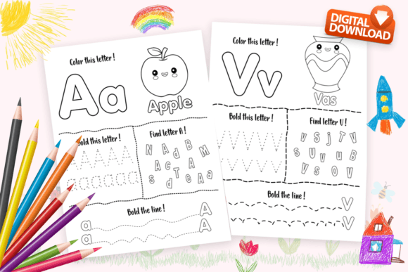Alphabet Tracing Finding & Coloring ABC Gráfico Desenhos e livros para colorir para crianças Por iDaKDPInterior
