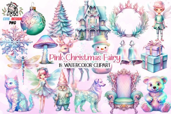 Pink Christmas Fairy Watercolor Clipart Illustration Illustrations Imprimables Par COW.design