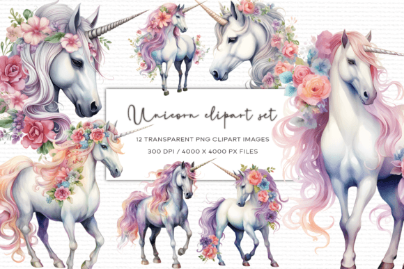 Unicorn Watercolor Clipart Gráfico Ilustrações para Impressão Por MNDesigns