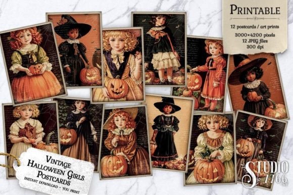 Vintage Halloween Girls Postcards Afbeelding AI Illustraties Door Studio 7766