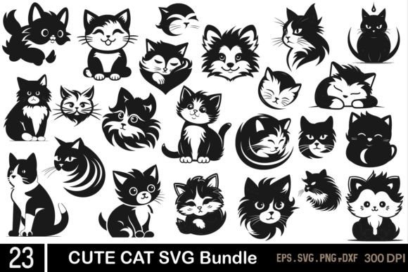 Cute Cat Svg Bundle, Cat Silhouette Svg Graphic Illustrations By Print Market Designs