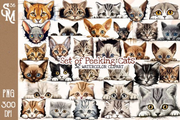 Peeking Cats Bundle Watercolor Clipart Gráfico Ilustrações para Impressão Por StevenMunoz56
