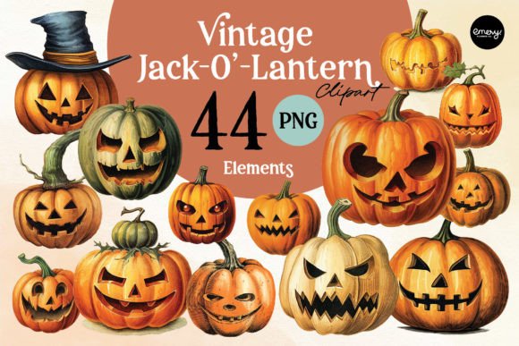 Vintage Jack-O’-Lantern Cliparts PNG Graphic Illustrations By Emery Digital Studio