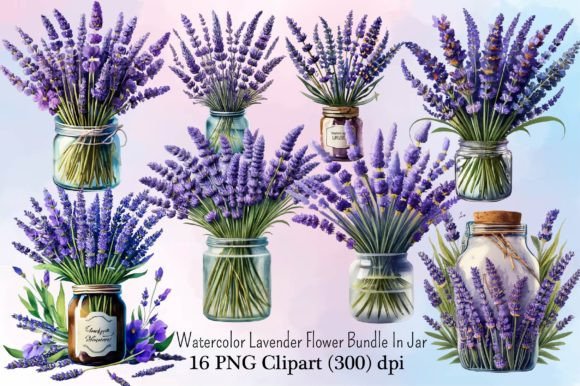 Watercolor Lavender Flower Bundle in Jar Grafik KI Illustrationen Von Creative Art
