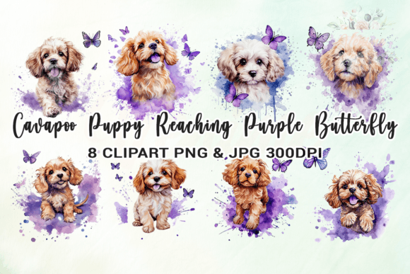 Cavapoo Puppy Reaching Purple Butterfly Illustration Artisanat Par Venime