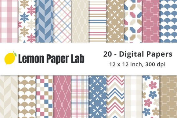 Pink and Blue Patterns Gráfico Patrones de Papel Por Lemon Paper Lab