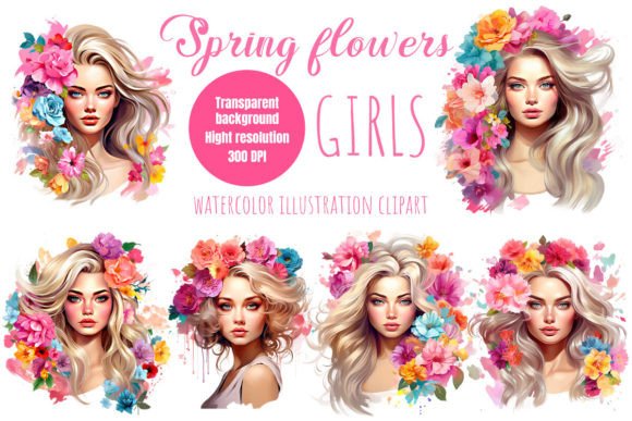 Spring Flowers Girls Gráfico Ilustrações para Impressão Por Aleksandra Spasojevic