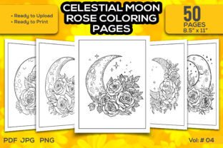 Celestial Moon Rose Coloring Pages Graphic AI Coloring Pages By TeamlancerBD 1