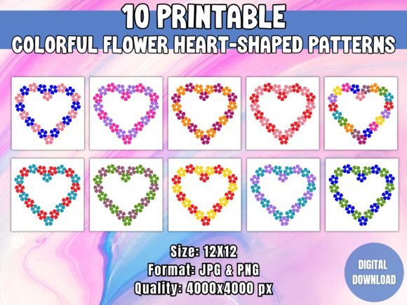 Colorful Flower Heart-Shaped Patterns Gráfico Patrones de Papel Por Sunshines and Rainbows