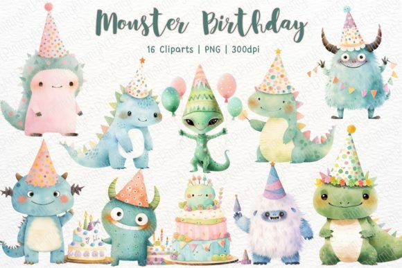 Monster Birthday Watercolor Sublimation Graphic Illustrations By PimmyArt