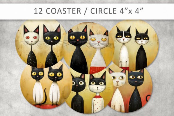 Cats Illustration Round Coaster Grafica Illustrazioni Stampabili Di AS Digitale