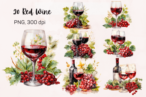 20 Red Wine Watercolor Sublimation Gráfico Manualidades Por MidasStudio