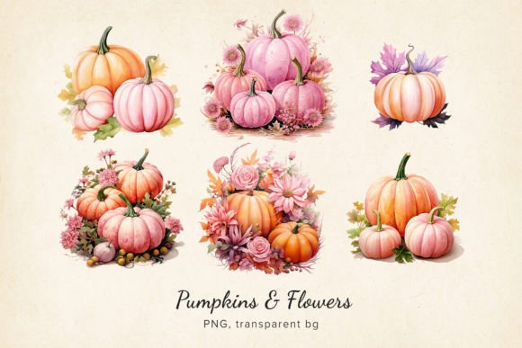 Autumn Pumpkins & Flowers Watercolor Set Graphic Illustrations By Paper Art Garden