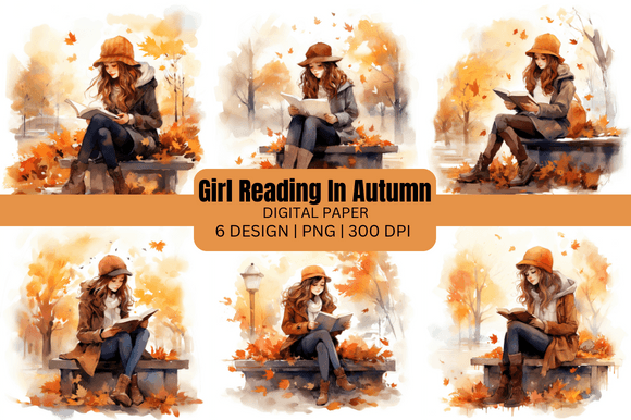 Watercolor Girl in Autumn Digital Paper Grafika Tła Przez GOOBOAT
