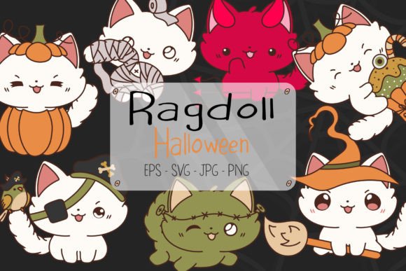 Set Halloween Ragdoll Cat Illustrations Illustration Illustrations Imprimables Par artvarstudio