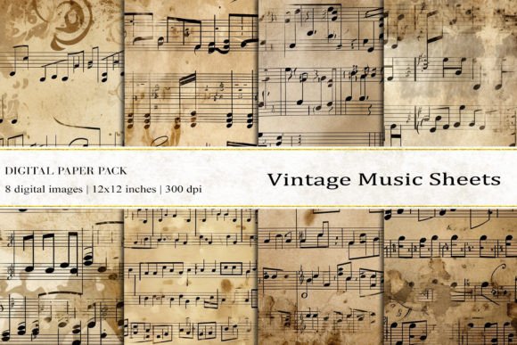 Vintage Music Sheets Digital Papers Graphic Backgrounds By BonaDesigns