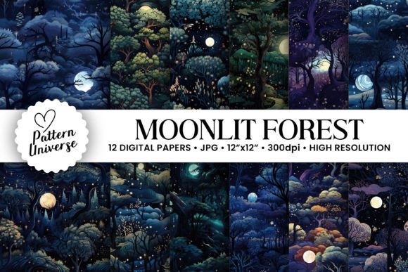 Enchanted Moonlit Forest Digital Papers Graphic AI Patterns By Pattern Universe