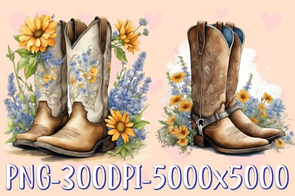 Vintage Cowgirl Boots with Sunflowers Graphic Crafts By SR Design