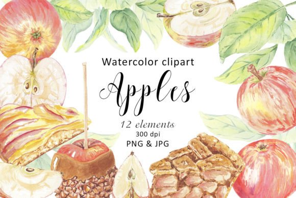 Watercolor Clipart Apples Pie Cake PNG Graphic Illustrations By WatercolorKliuyenkova