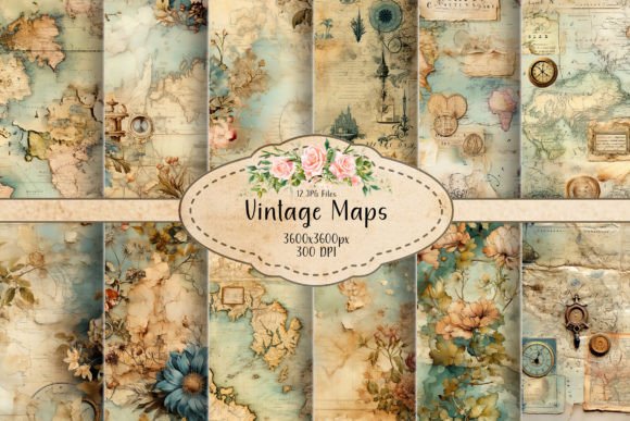 Vintage Floral Maps Seamless Patterns Grafica Motivi di Carta Di curvedesign