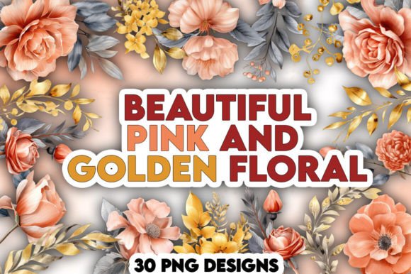 Watercolor Pink and Golden Flowers Illustration Illustrations Imprimables Par TriBlend Studio