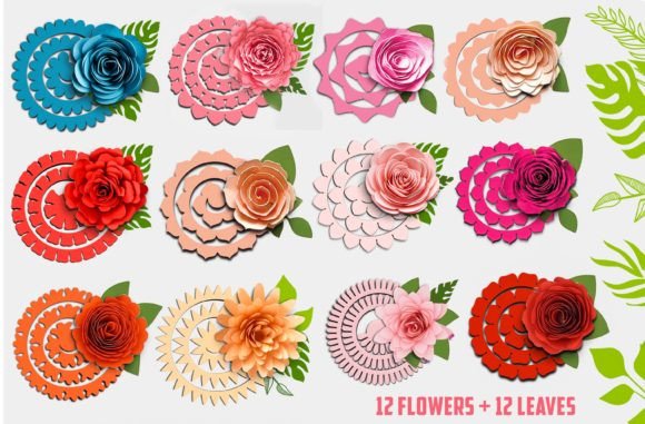 3D Rolled Paper Flower & Leaf SVG Bundle Graphic 3D Flowers By Design Crown