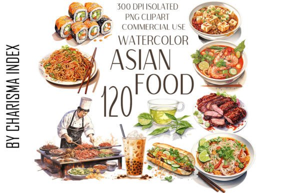 Asian Food 120 Watercolor Clipart PNG Graphic AI Transparent PNGs By CharismaIndex