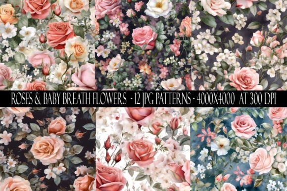 Roses and Baby Breath Seamless Patterns Graphic Patterns By Digital Paper Packs