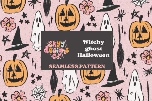 Witchy Ghosts Pumpkin Seamless Pattern Grafik Papier-Muster Von skyydesignsco