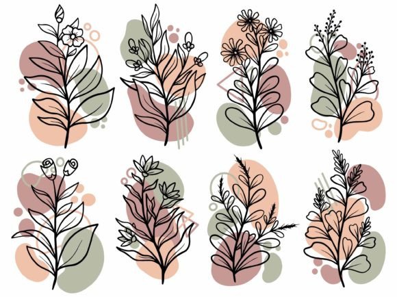 Botanical Line Art Flower and Leaves Graphic Illustrations By PurMoon