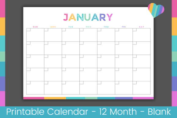 Colorful Blank Calendar Printable Grafik Druck-Vorlagen Von digitaldoodles64
