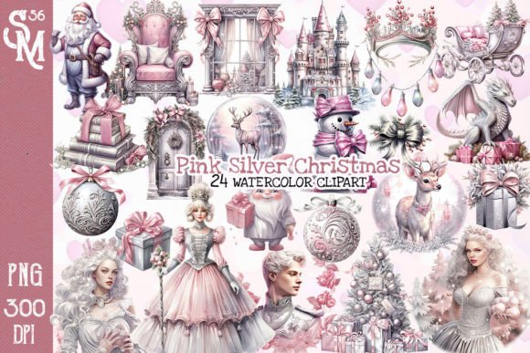 Pink Silver Christmas Watercolor Clipart Illustration Illustrations Imprimables Par StevenMunoz56