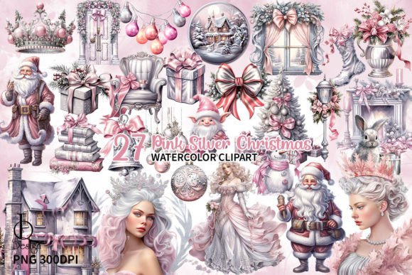 Pink Silver Christmas Watercolor Clipart Graphic Druckbare Illustrationen By LQ Design