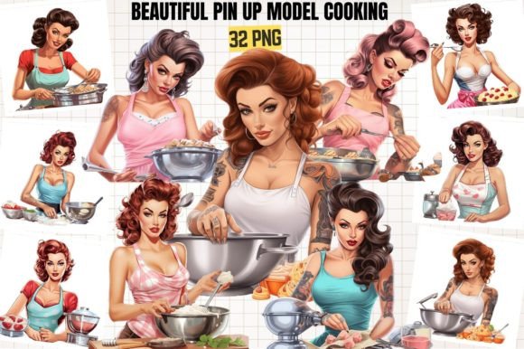 Vintage Pin Up Girls Housewife Clipart Graphic AI Generated By DenizDesign