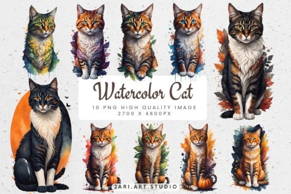 Watercolor Cat Clipart Graphic AI Transparent PNGs By Jariya.Artistry